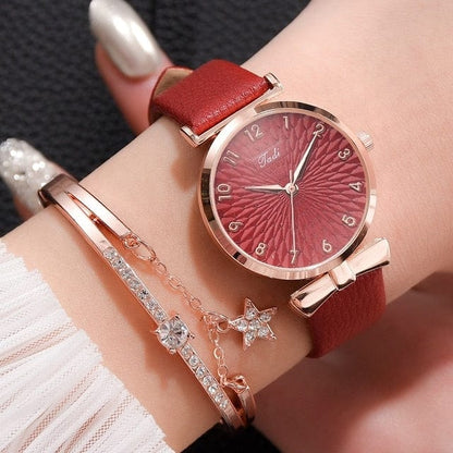 Women's Luxury Magnetic Quartz Bracelet Watch  Pioneer Kitty Market Leather Red Set  