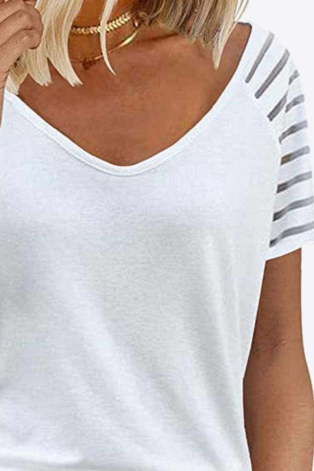 Women's V-Neck Raglan Mesh-Striped Sleeve T-Shirt Shirts & Tops Pioneer Kitty Market   