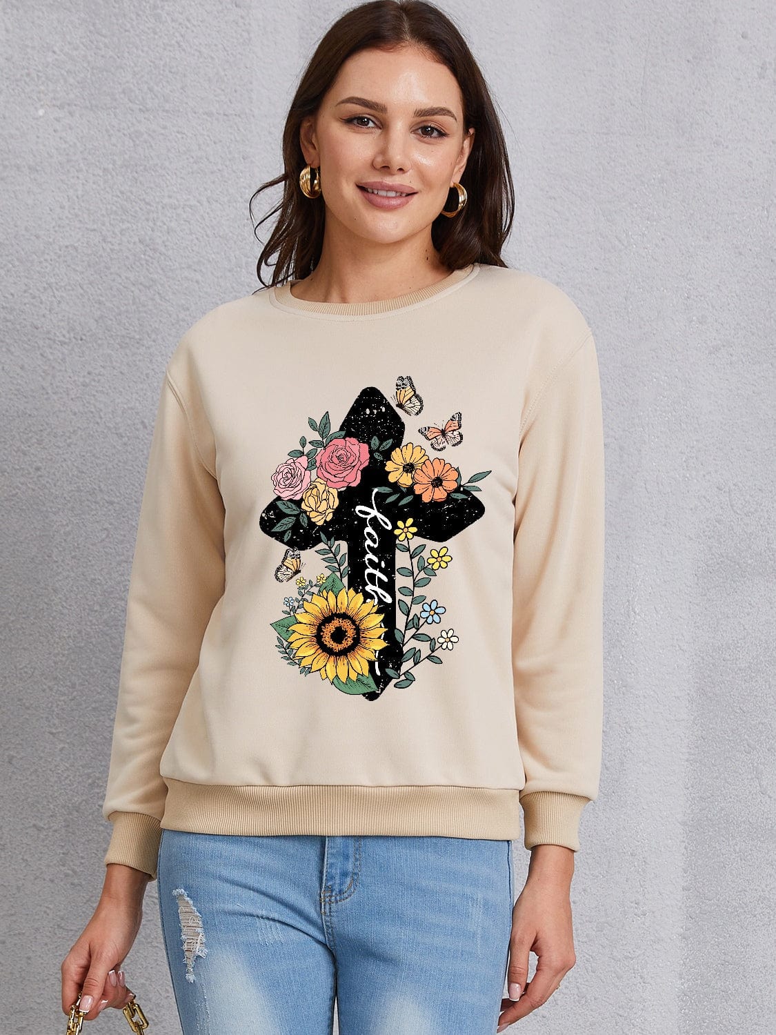 Women's Christian Faith Floral Cross Graphic Sweatshirt Shirts & Tops Pioneer Kitty Market Khaki S 