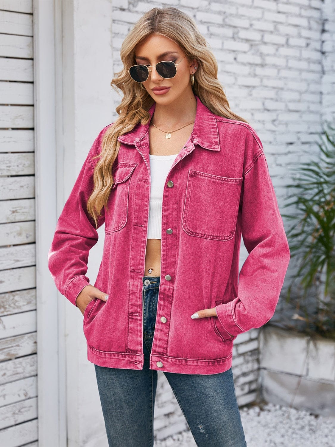 Pocketed Button-Up Detachable Hooded Denim Jacket Jackets Pioneer Kitty Market Hot Pink S 
