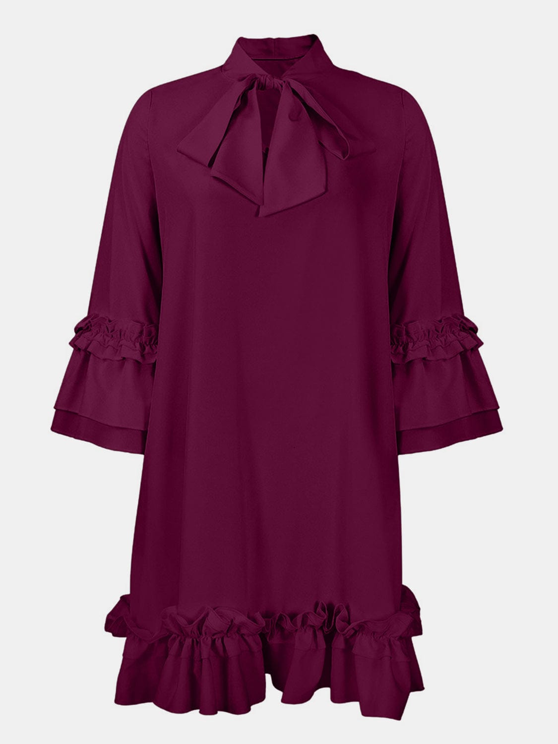 Frill Tie Neck Three-Quarter Sleeve Dress Dress Pioneer Kitty Market Deep Purple S 