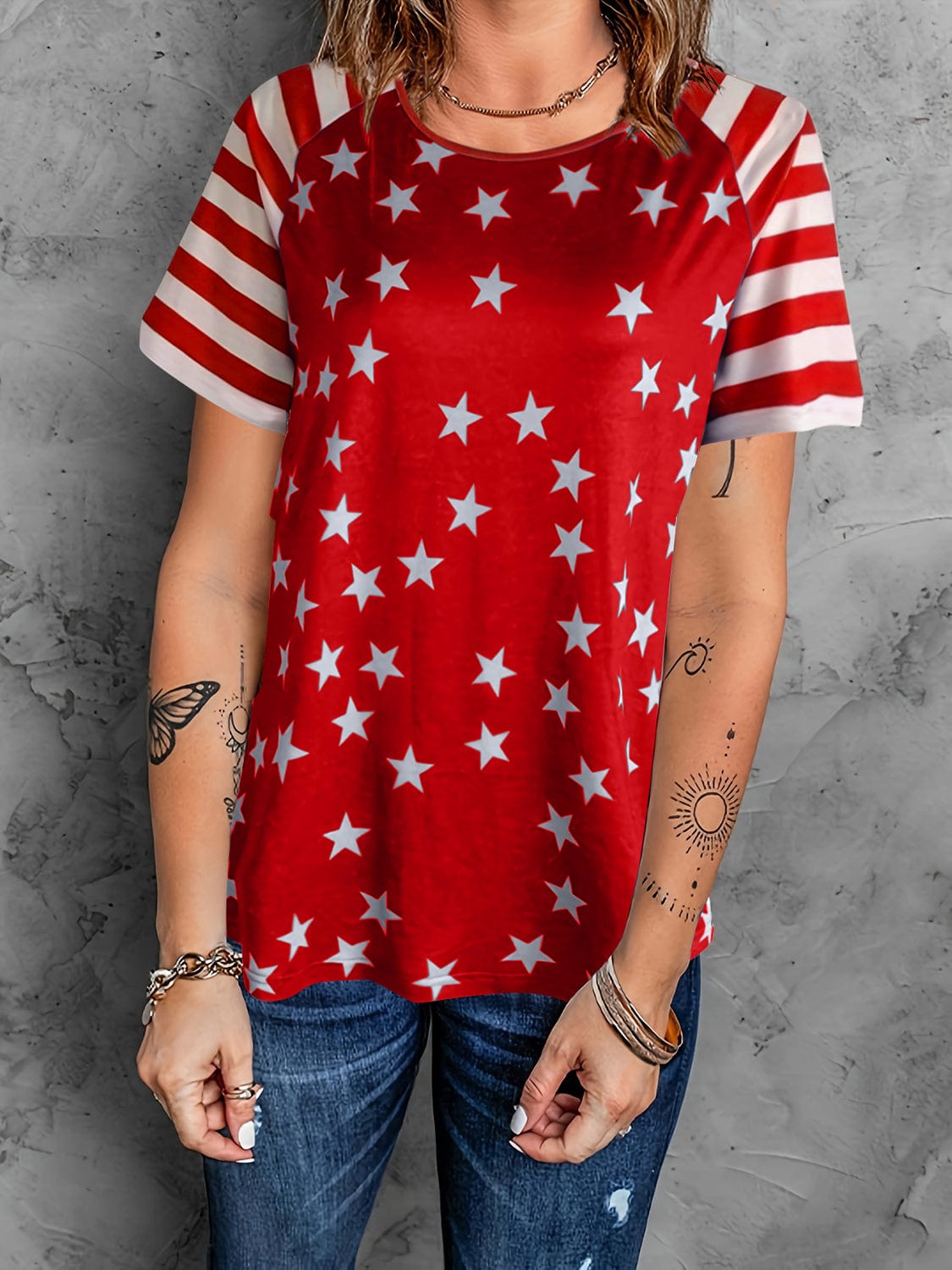 Women's Stars and Stripes Round Neck Short-Sleeved T-Shirt Shirts & Tops Pioneer Kitty Market Rust S 