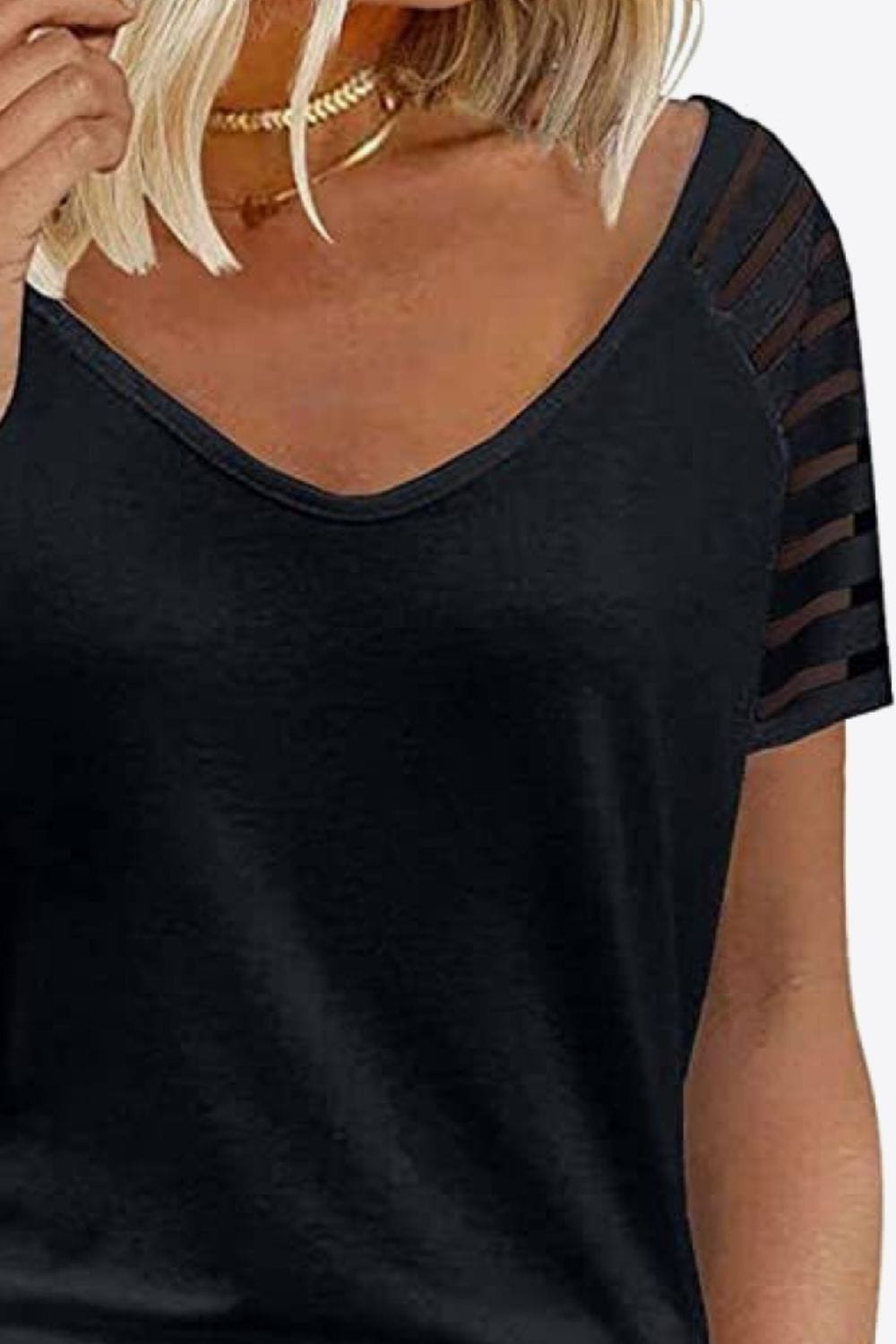 Women's V-Neck Raglan Mesh-Striped Sleeve T-Shirt Shirts & Tops Pioneer Kitty Market   