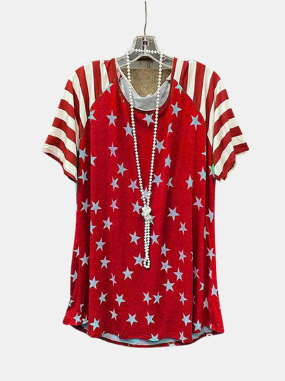 Women's Stars and Stripes Round Neck Short-Sleeved T-Shirt Shirts & Tops Pioneer Kitty Market   