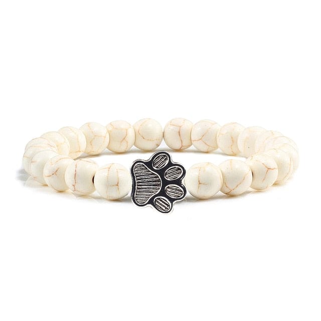 Unisex Stone Paw Print Charm Bracelet  Pioneer Kitty Market white beads  