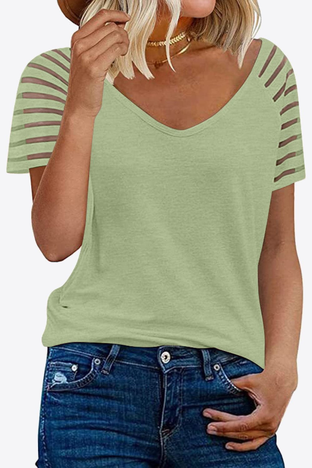 Women's V-Neck Raglan Mesh-Striped Sleeve T-Shirt Shirts & Tops Pioneer Kitty Market Mist Green S 