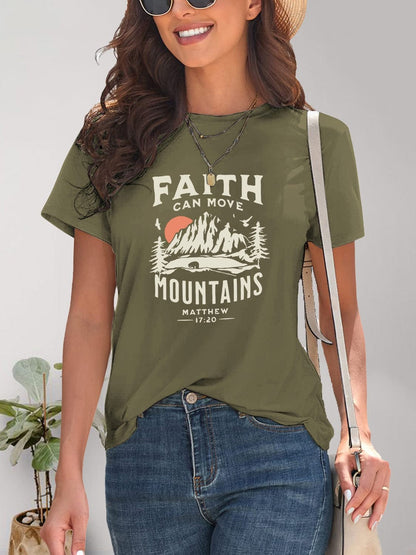 Women's Faith Can Move Mountains Graphic Round Neck Short Sleeve T-Shirt Shirts & Tops Pioneer Kitty Market   