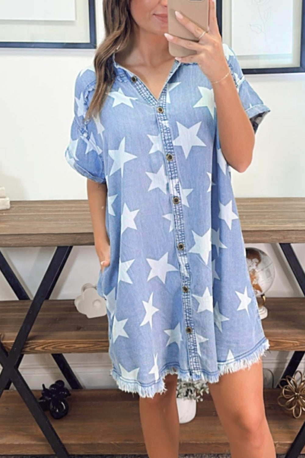 Sky Blue Stars Frayed Hem Collared Short Sleeve Denim Dress Dresses/Mini Dresses Pioneer Kitty Market Sky Blue S 95%Cotton+5%Polyester