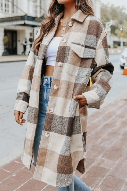 Plaid Button Up Dropped Shoulder Coat Jackets Pioneer Kitty Market   