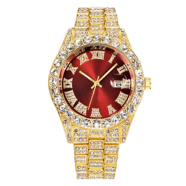 Men's Luxury Diamond Bezel Roman Numeral Wrist Watch  Pioneer Kitty Market Red Gold  