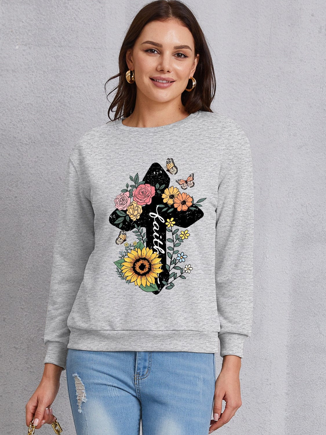 Women's Christian Faith Floral Cross Graphic Sweatshirt Shirts & Tops Pioneer Kitty Market Gray S 