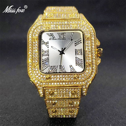 Men's Ice Out Diamond Square Watch by Miss Fox  Pioneer Kitty Market Gold White  
