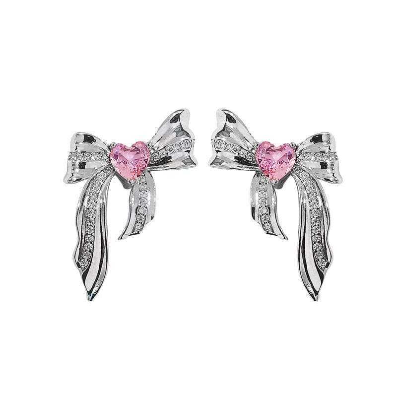 Women's Sweet Pink Metal Pretty Bow Earrings Jewelry Pioneer Kitty Market Pink Zircon  