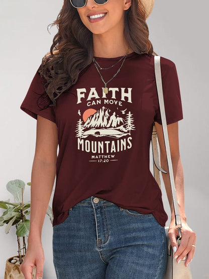 Women's Faith Can Move Mountains Graphic Round Neck Short Sleeve T-Shirt Shirts & Tops Pioneer Kitty Market   