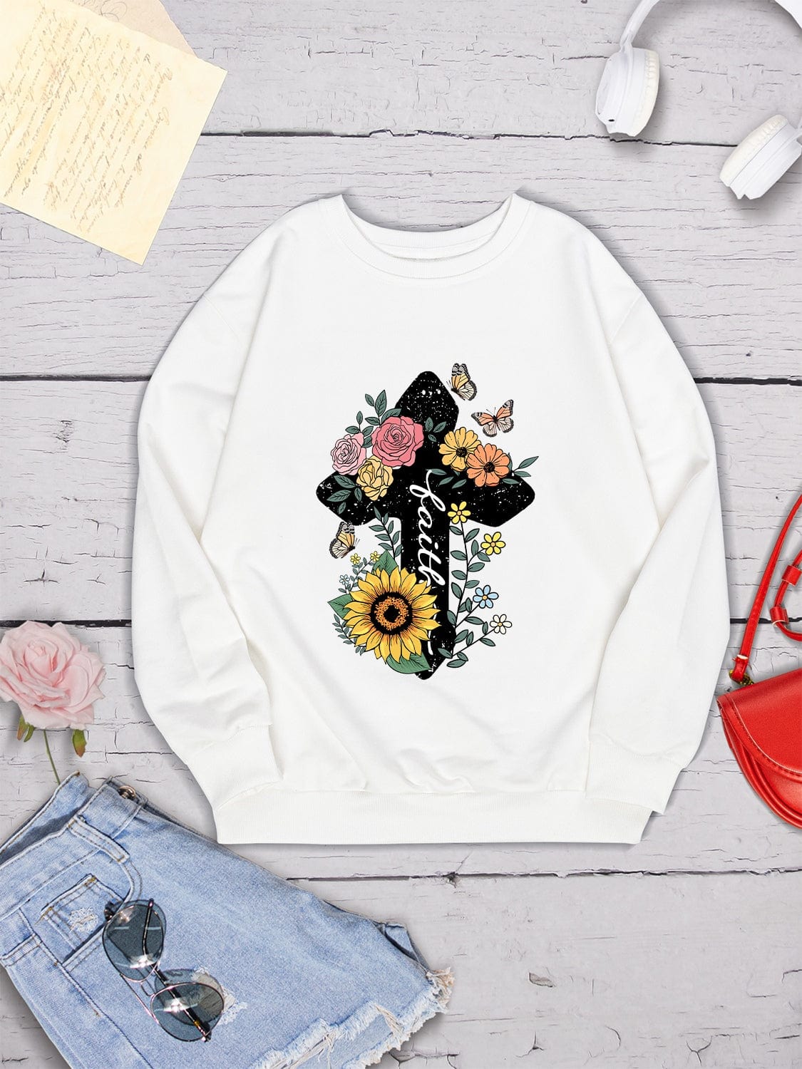 Women's Christian Faith Floral Cross Graphic Sweatshirt Shirts & Tops Pioneer Kitty Market   