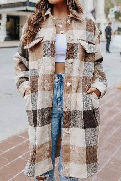 Plaid Button Up Dropped Shoulder Coat Jackets Pioneer Kitty Market Camel S 