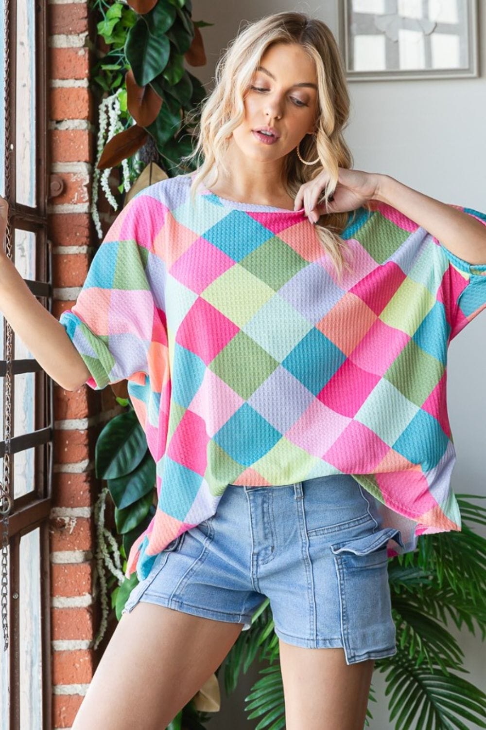 Women's Color Block Waffle Oversized T-Shirt Shirts & Tops Pioneer Kitty Market   