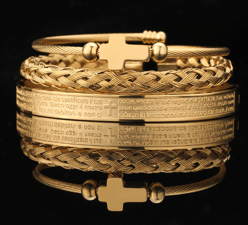 Men's Christian Cross Spanish Carving Bracelet Set  Pioneer Kitty Market Gold Set 1  