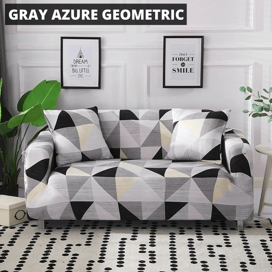 Printworks Stretch Sofa Cover Home Decor Pioneer Kitty Market Gray Azure Geometric 2 X Pillow Covers (45x45cm) 