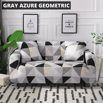 Printworks Stretch Sofa Cover Home Decor Pioneer Kitty Market Gray Azure Geometric 4-Seater: 235-300cm 