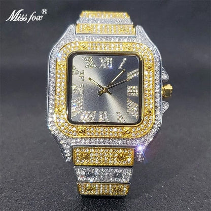 Men's Ice Out Diamond Square Watch by Miss Fox  Pioneer Kitty Market Gold Silver  