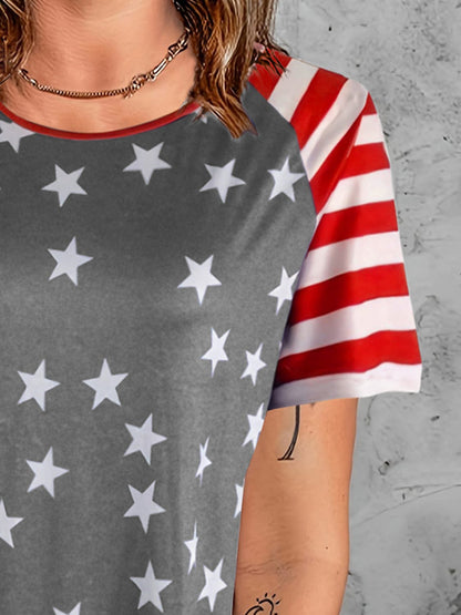 Women's Stars and Stripes Round Neck Short-Sleeved T-Shirt Shirts & Tops Pioneer Kitty Market   