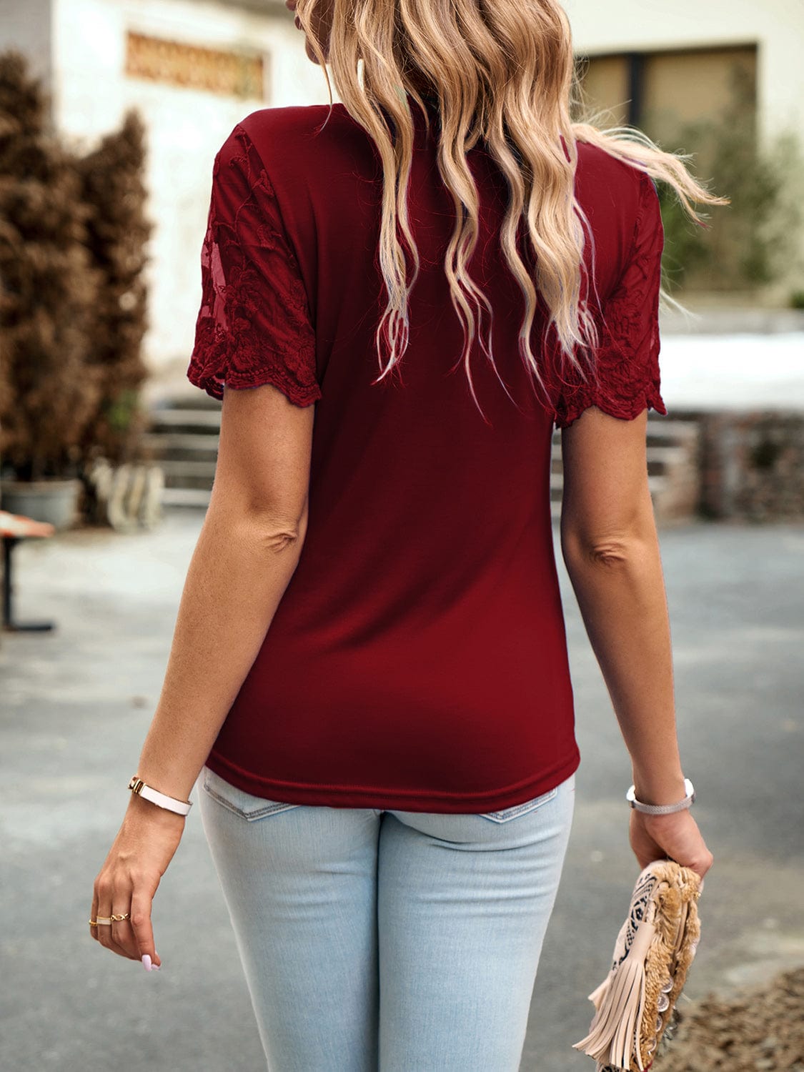 Women's Lace Detail Round Neck Short-Sleeved Shirt Shirts & Tops Pioneer Kitty Market   