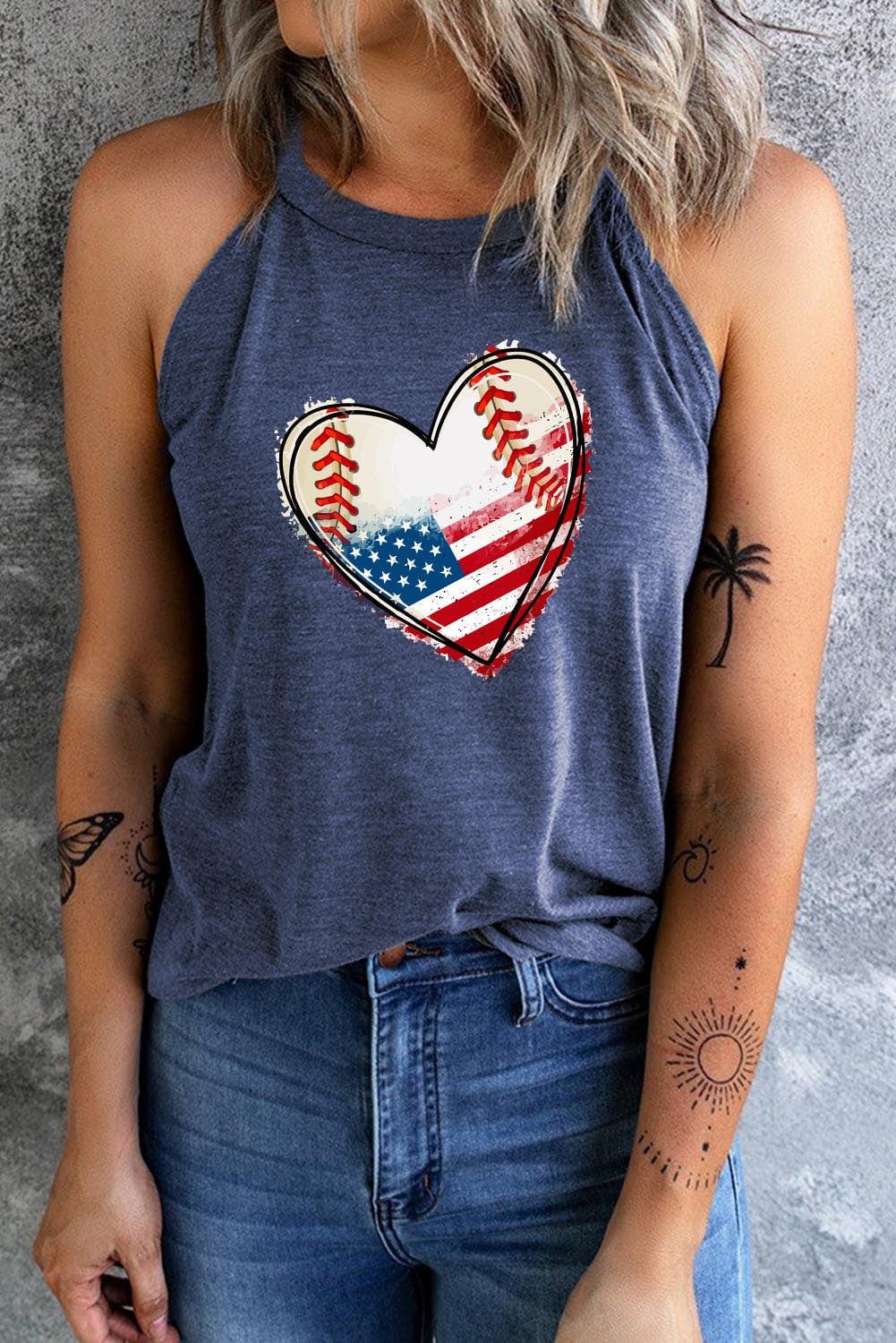 Women's US Flag Baseball Heart Graphic Tank Top Shirts & Tops Pioneer Kitty Market   