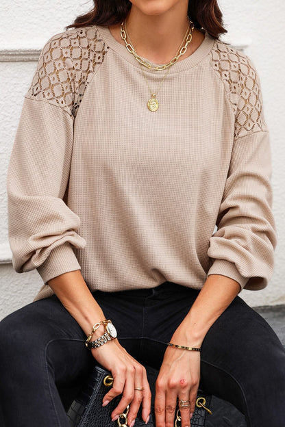 Woman's Lace-Shoulders Long Lantern Sleeve Top Shirts & Tops Pioneer Kitty Market   