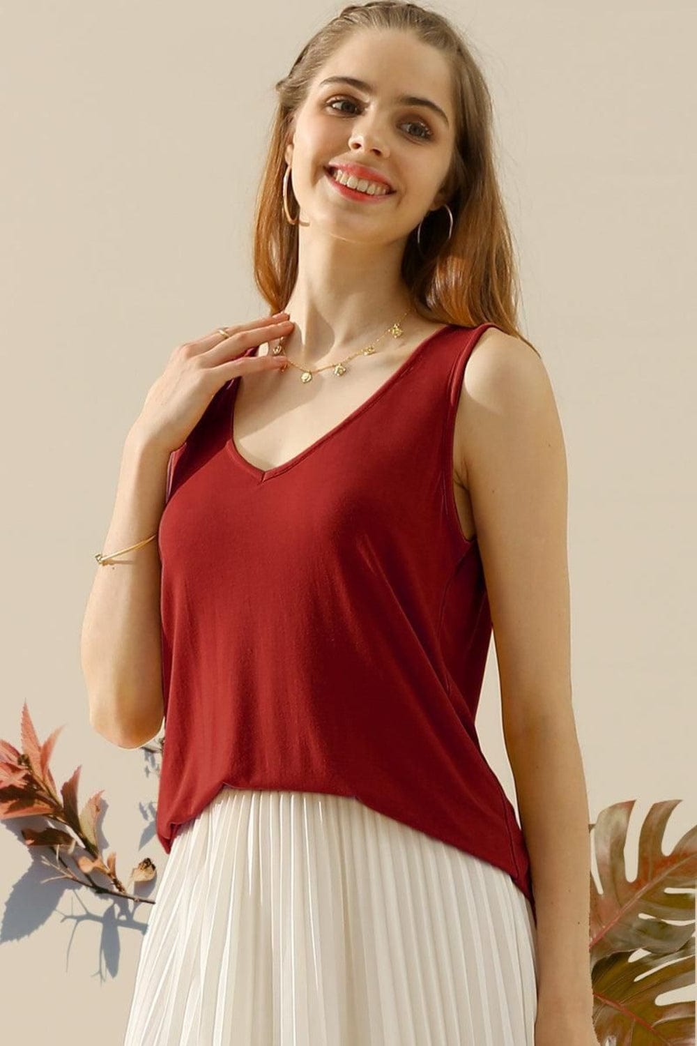 Women's Full Size V-Neck Curved Hem Tank  Pioneer Kitty Market BURGUNDY S 