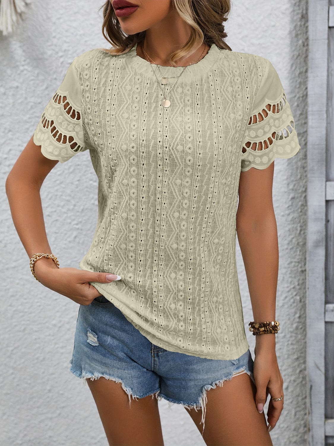 Full Size Eyelet Round Neck Short Sleeve Top Shirts & Tops Pioneer Kitty Market Sage S 