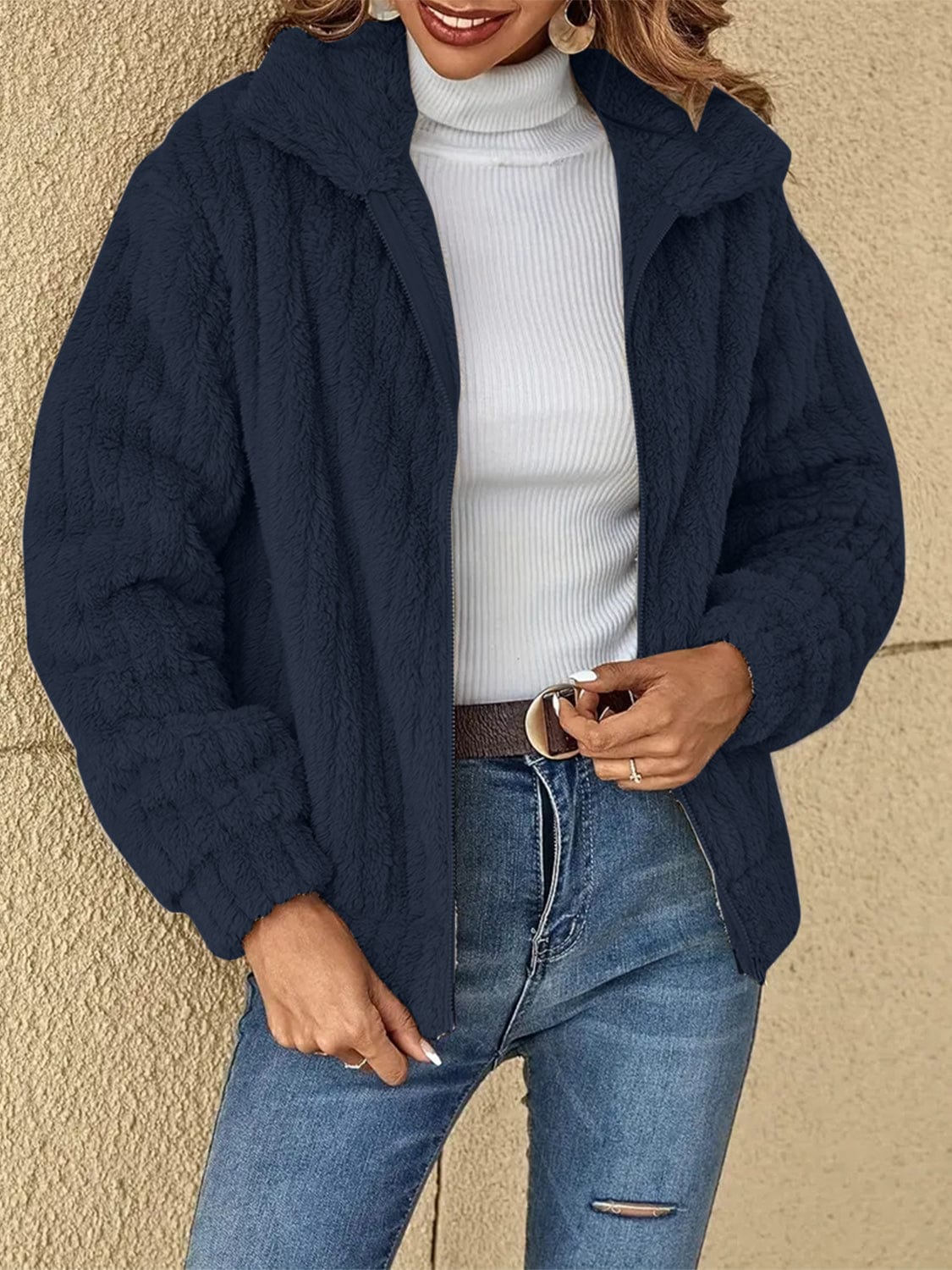 Snuggly Soft Plush Zip-Up Long-Sleeved Jacket Jackets Pioneer Kitty Market Dark Blue S 