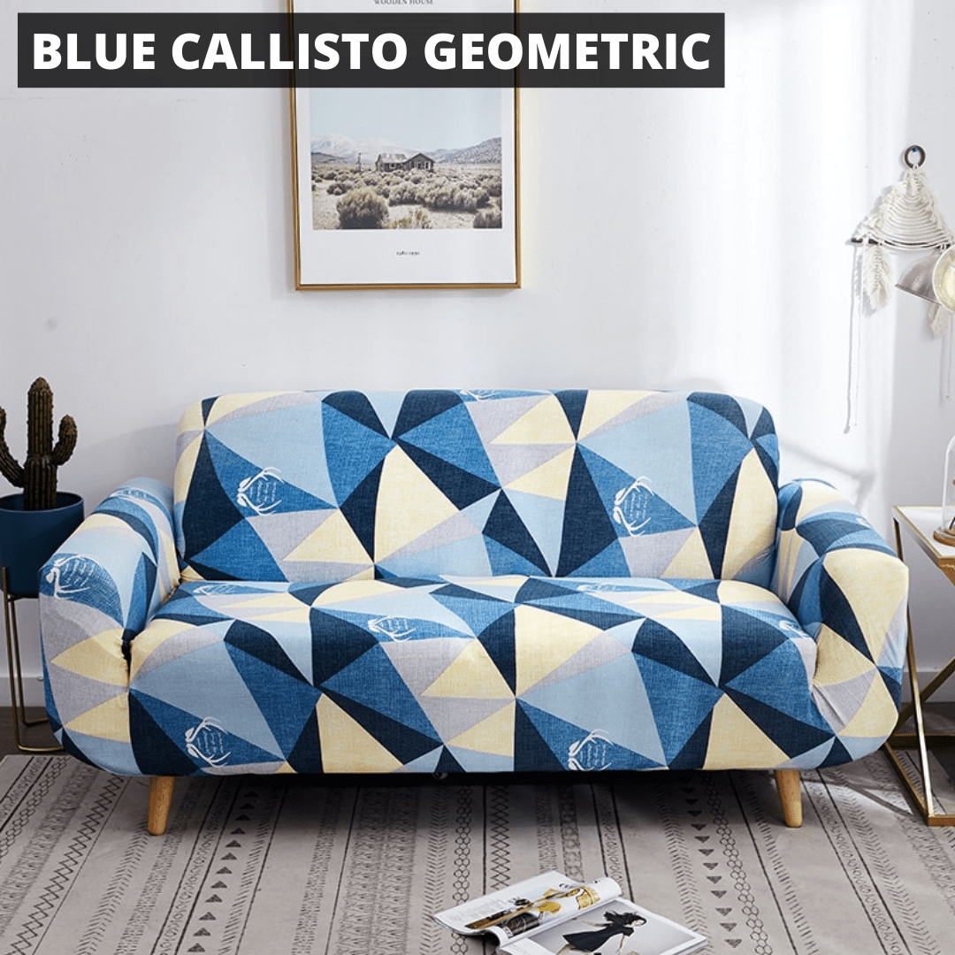 Printworks Stretch Sofa Cover Home Decor Pioneer Kitty Market Blue Callisto Geometric 3-Seater: 190-235cm 