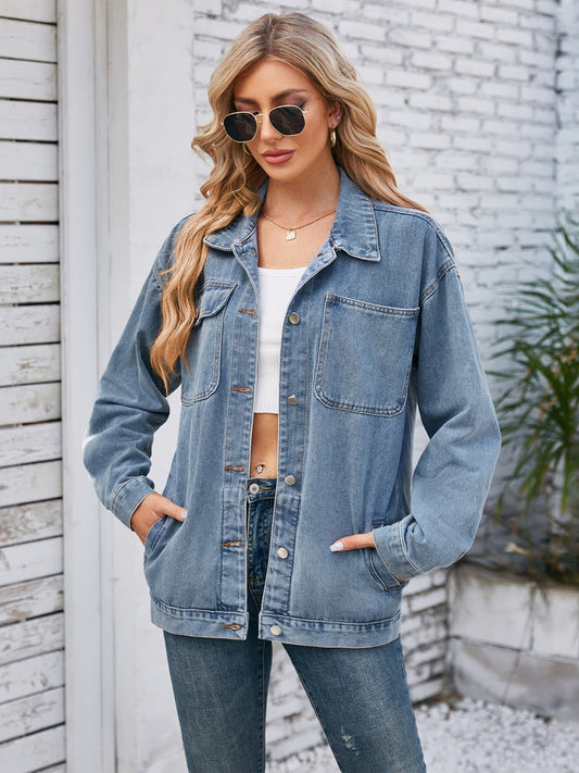 Pocketed Button-Up Detachable Hooded Denim Jacket Jackets Pioneer Kitty Market Dusty Blue S 