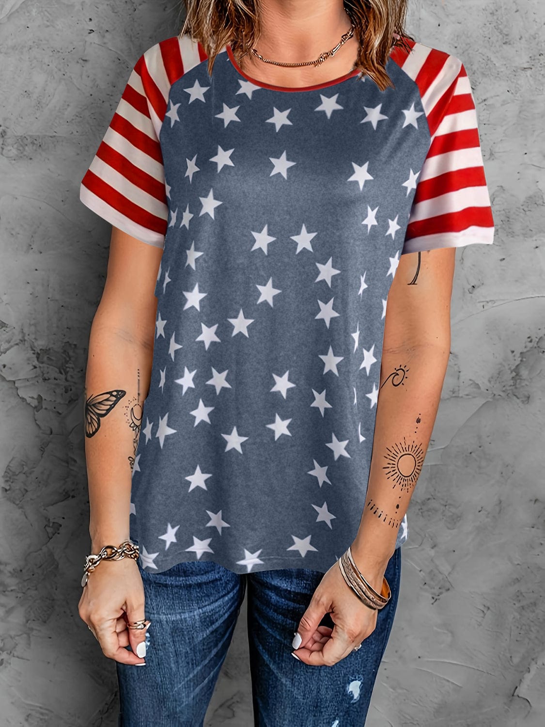 Women's Stars and Stripes Round Neck Short-Sleeved T-Shirt Shirts & Tops Pioneer Kitty Market Dusty Blue S 