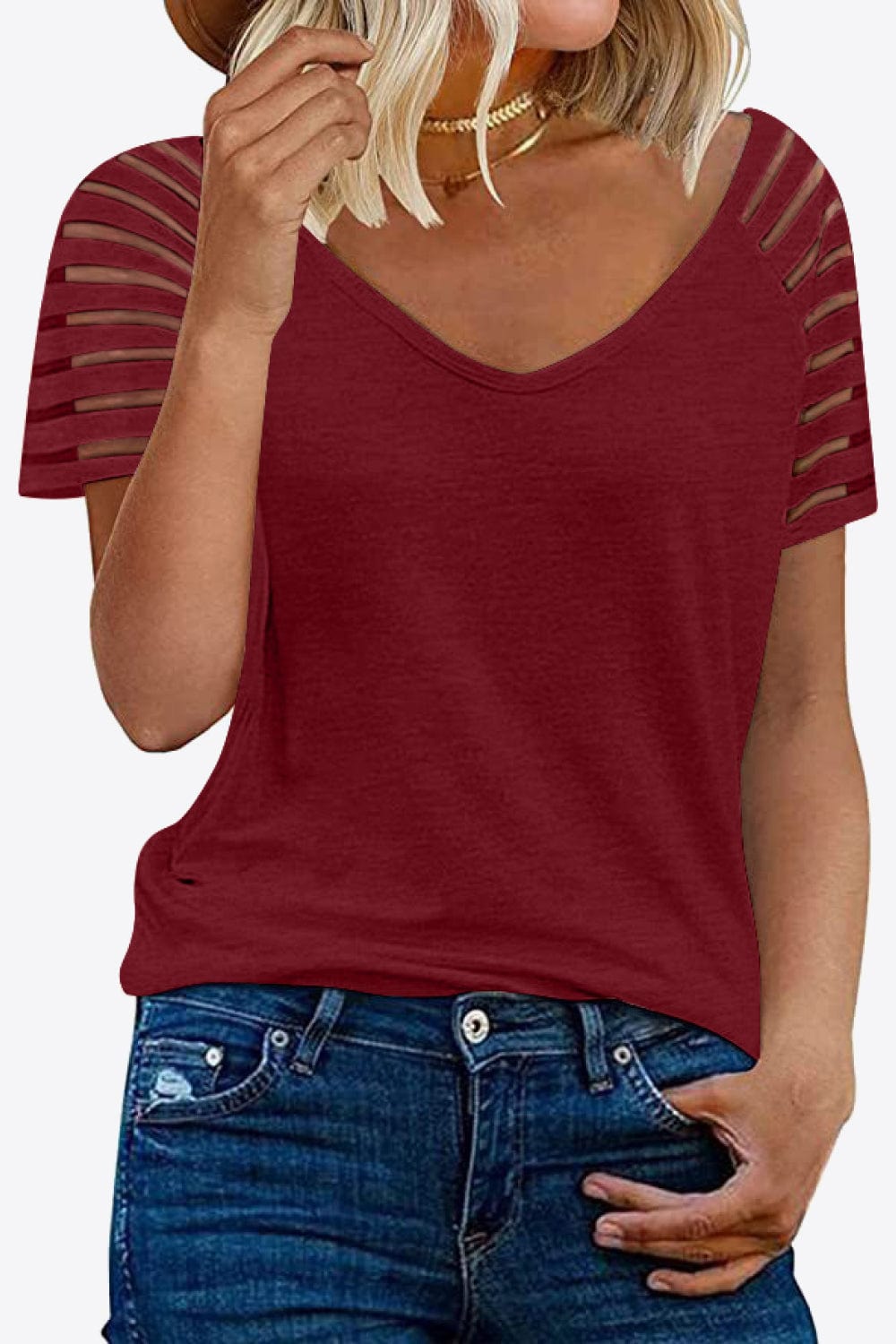 Women's V-Neck Raglan Mesh-Striped Sleeve T-Shirt Shirts & Tops Pioneer Kitty Market Wine S 