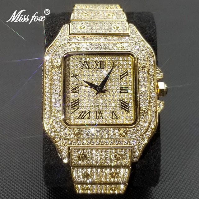 Men's Gold or Silver Square Luxury Watch by Miss Fox  Pioneer Kitty Market V324 Gold  