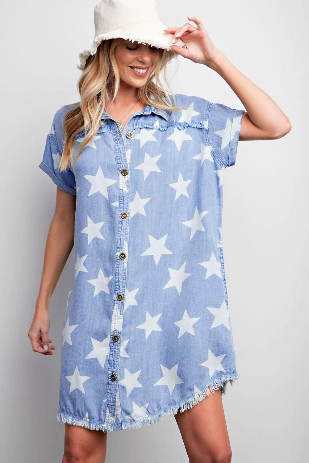 Sky Blue Stars Frayed Hem Collared Short Sleeve Denim Dress Dresses/Mini Dresses Pioneer Kitty Market   