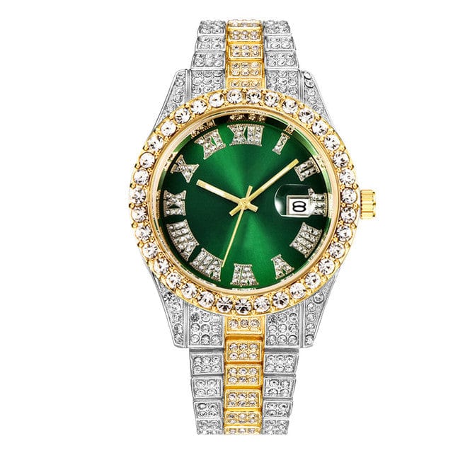 Men's Luxury Diamond Bezel Roman Numeral Wrist Watch  Pioneer Kitty Market Green Gold Silver  