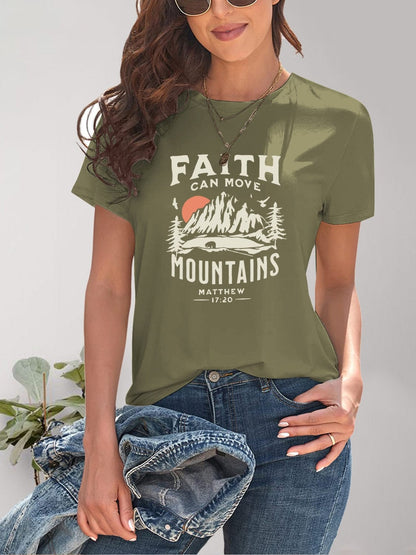 Women's Faith Can Move Mountains Graphic Round Neck Short Sleeve T-Shirt Shirts & Tops Pioneer Kitty Market Matcha Green S 