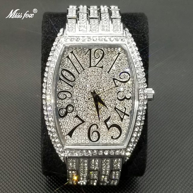Men's Popular Tonneau Diamond Luxury Watch by Miss Fox  Pioneer Kitty Market Silver  