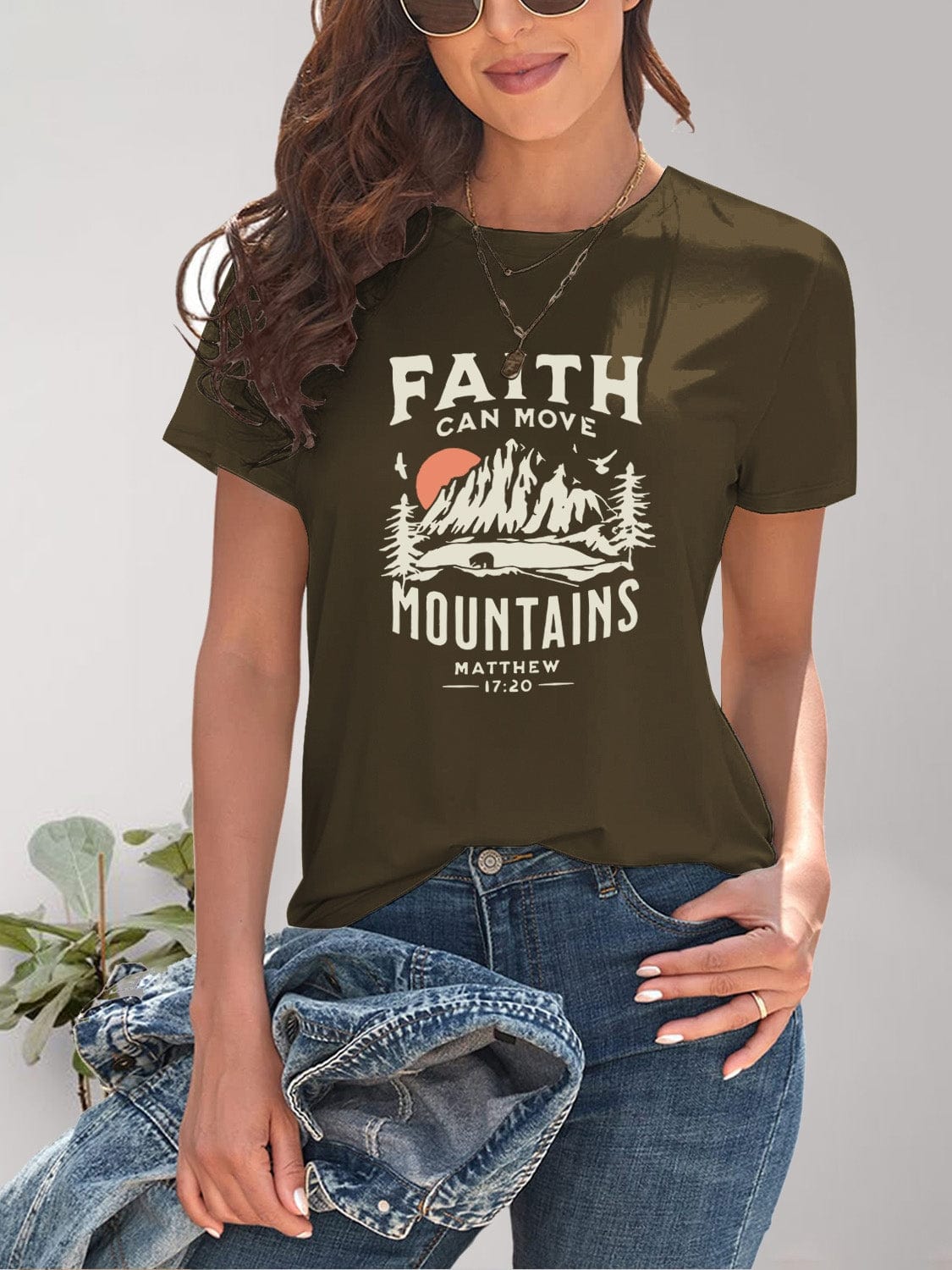 Women's Faith Can Move Mountains Graphic Round Neck Short Sleeve T-Shirt Shirts & Tops Pioneer Kitty Market   