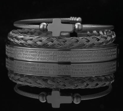 Men's Christian Cross Spanish Carving Bracelet Set  Pioneer Kitty Market Black Set 1  