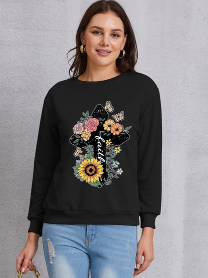 Women's Christian Faith Floral Cross Graphic Sweatshirt Shirts & Tops Pioneer Kitty Market Black S 