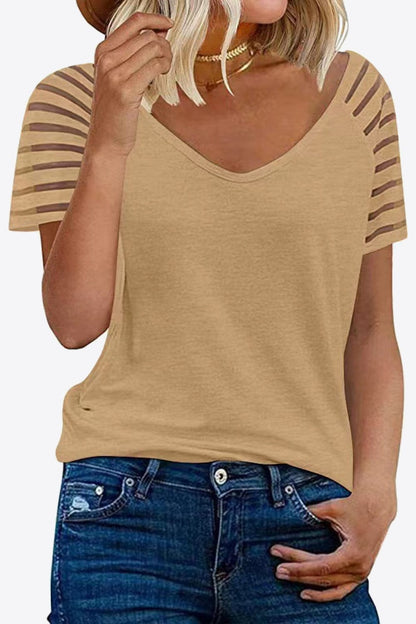 Women's V-Neck Raglan Mesh-Striped Sleeve T-Shirt Shirts & Tops Pioneer Kitty Market Sand S 