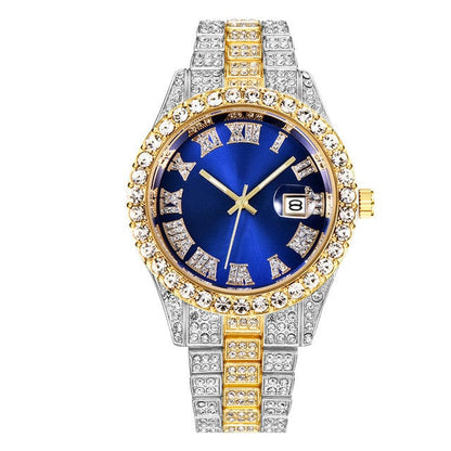 Men's Luxury Diamond Bezel Roman Numeral Wrist Watch  Pioneer Kitty Market Blue Gold Silver  