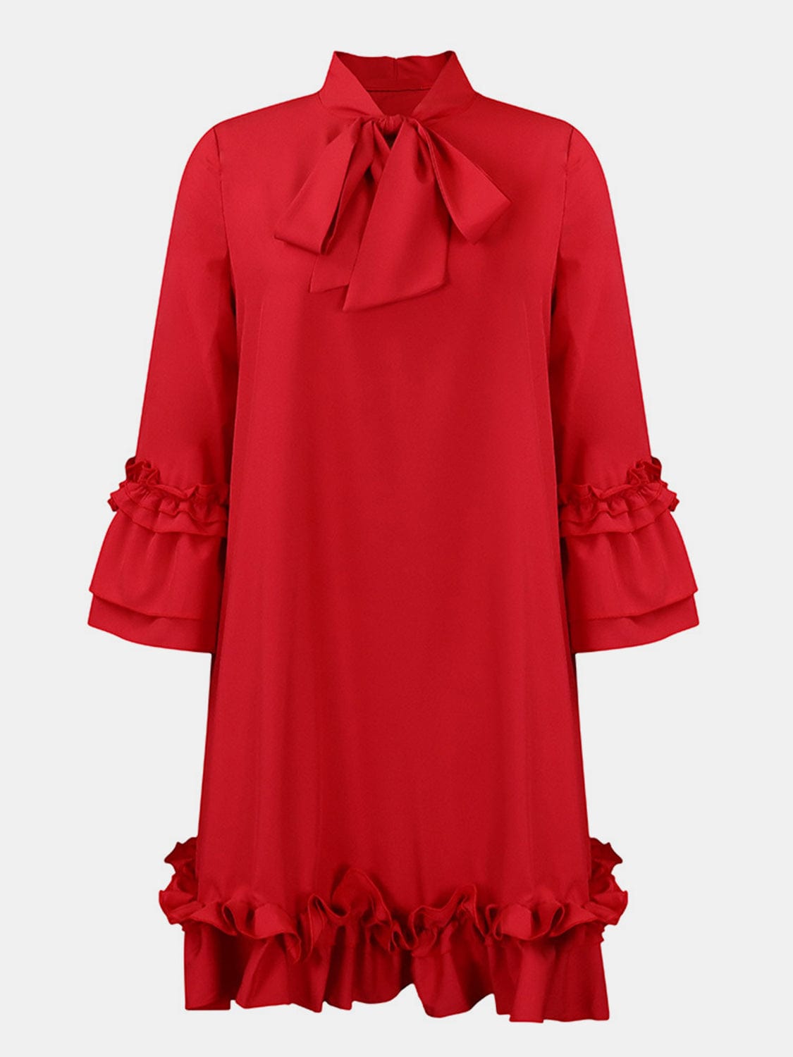 Frill Tie Neck Three-Quarter Sleeve Dress Dress Pioneer Kitty Market Red S 