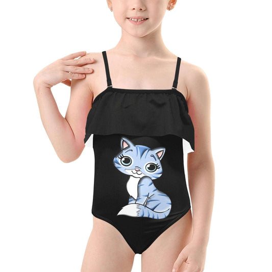 Blue Kitty Girl's Spaghetti Strap Ruffle Swimsuit Kids' Spaghetti Strap Ruffle Swimsuit (S26) e-joyer   