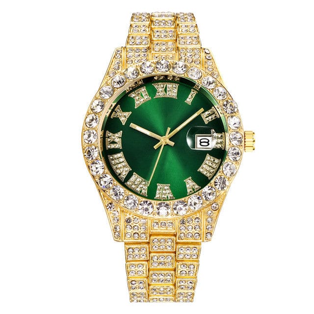 Men's Luxury Diamond Bezel Roman Numeral Wrist Watch  Pioneer Kitty Market Green Gold  