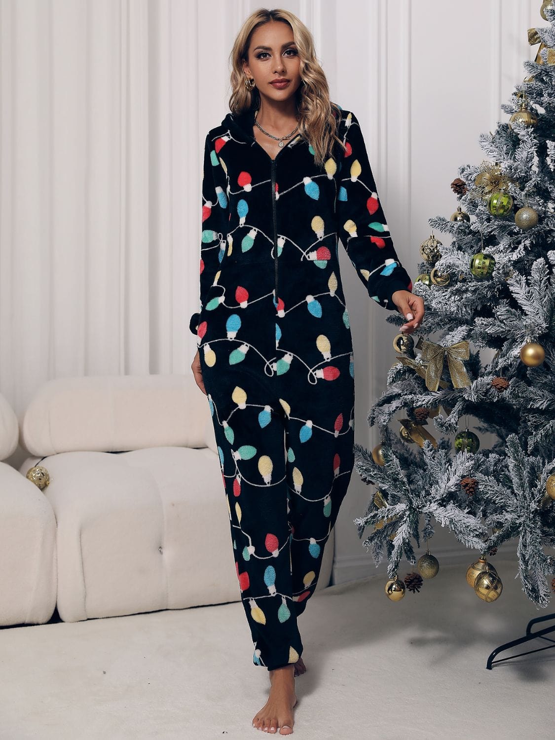 Women's Christmas Lights Zipper Front Hooded Onesie Jumpsuit with Pockets Pajama Set Pioneer Kitty Market   